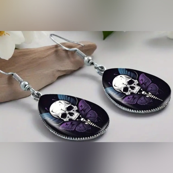 purple black butterfly earrings Skull Butterfly Drop Whimsigoth, Fairycore Goth - Picture 3 of 4
